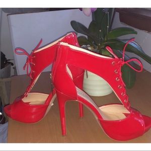 Red patent lace up heels